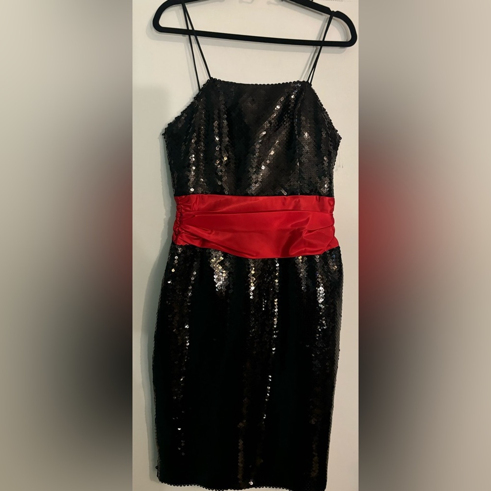 Datiani 80s 90s Vintage Black Sequin Spaghetti Strap Column Midi Red Bow Sz 12‎